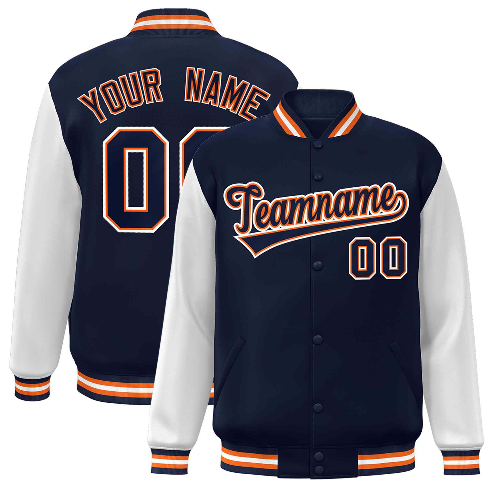 Veste Letterman Varsity Full-Snap à manches raglan bleu marine-orange personnalisée