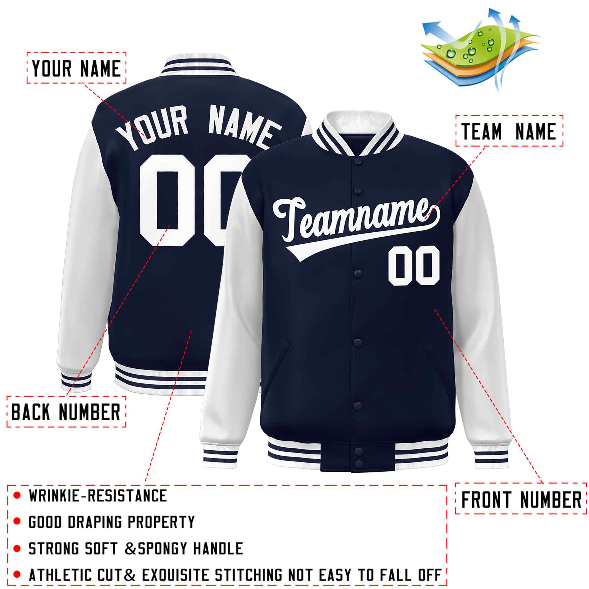 Custom Navy White Raglan Sleeves Varsity Full-Snap Letterman Jacket