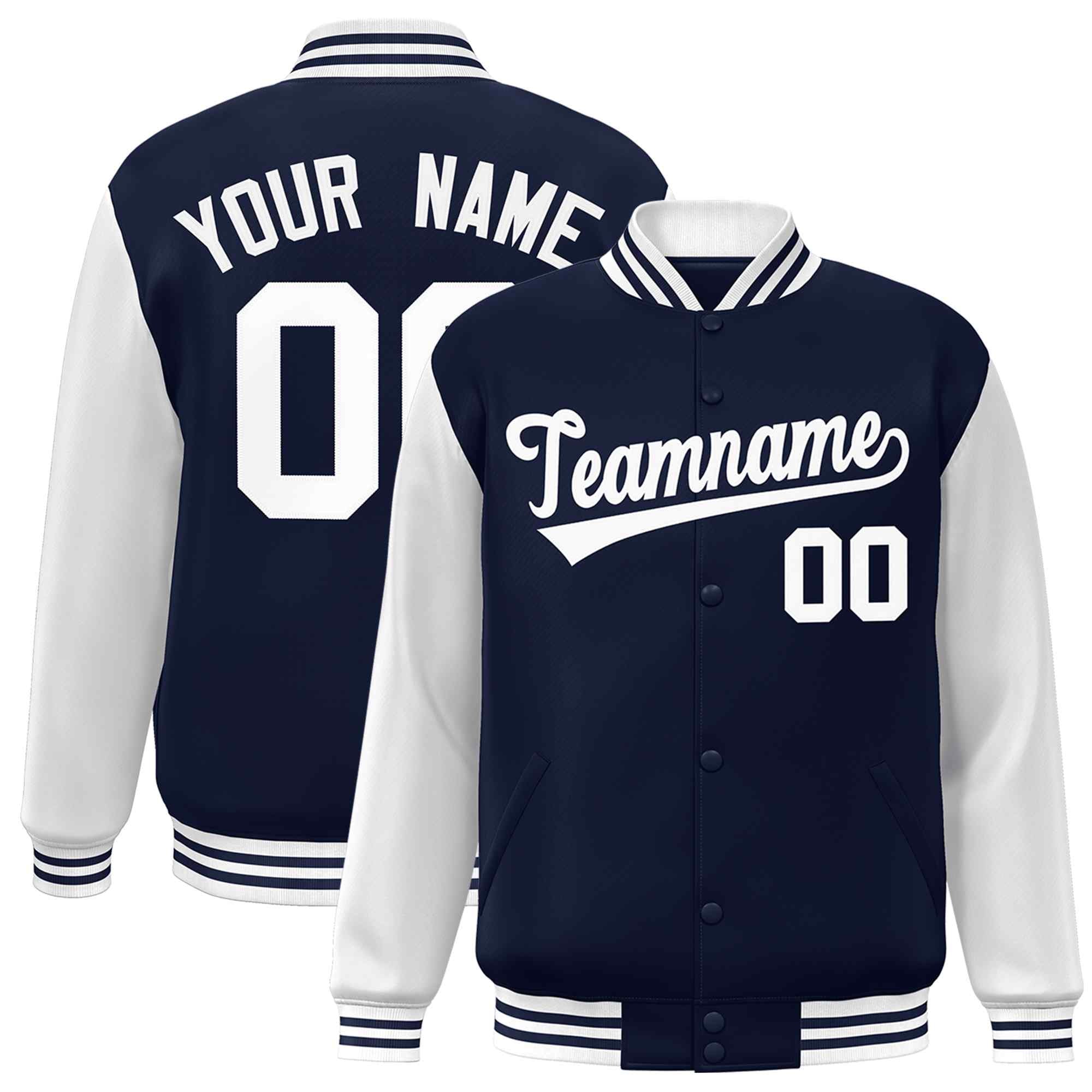 Custom Navy White Raglan Sleeves Varsity Full-Snap Letterman Jacket