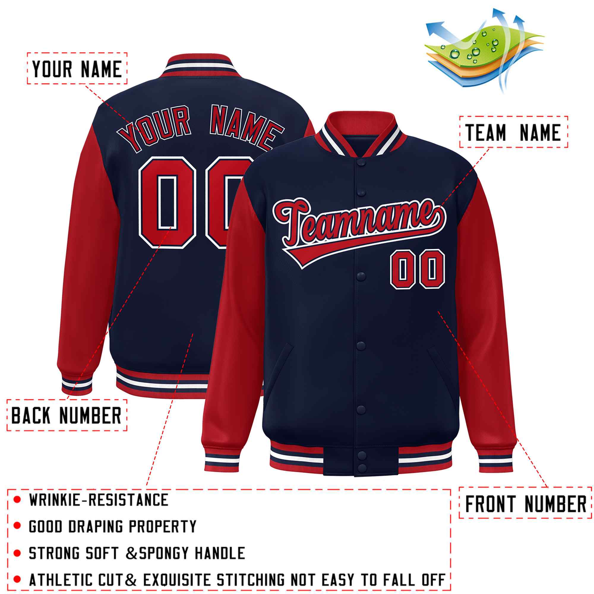 Custom Navy Red-Navy Raglan Sleeves Varsity Full-Snap Letterman Jacket