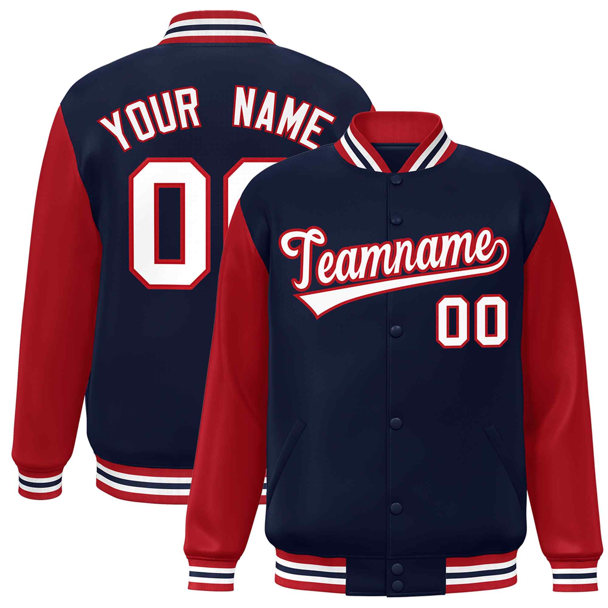 Custom Navy White-Red Raglan Sleeves Varsity Full-Snap Letterman Jacket