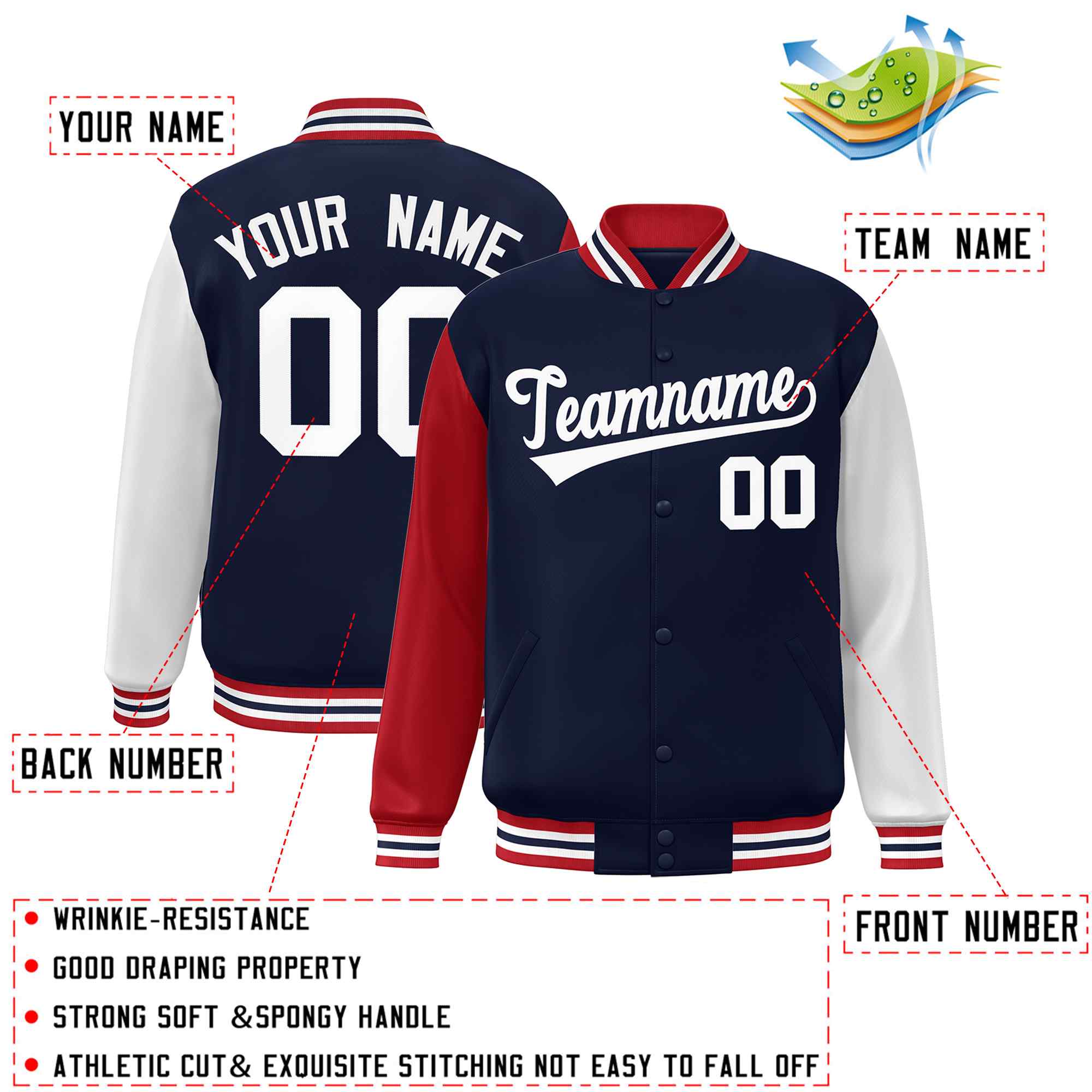 Custom Navy White Raglan Sleeves Varsity Full-Snap Letterman Jacket