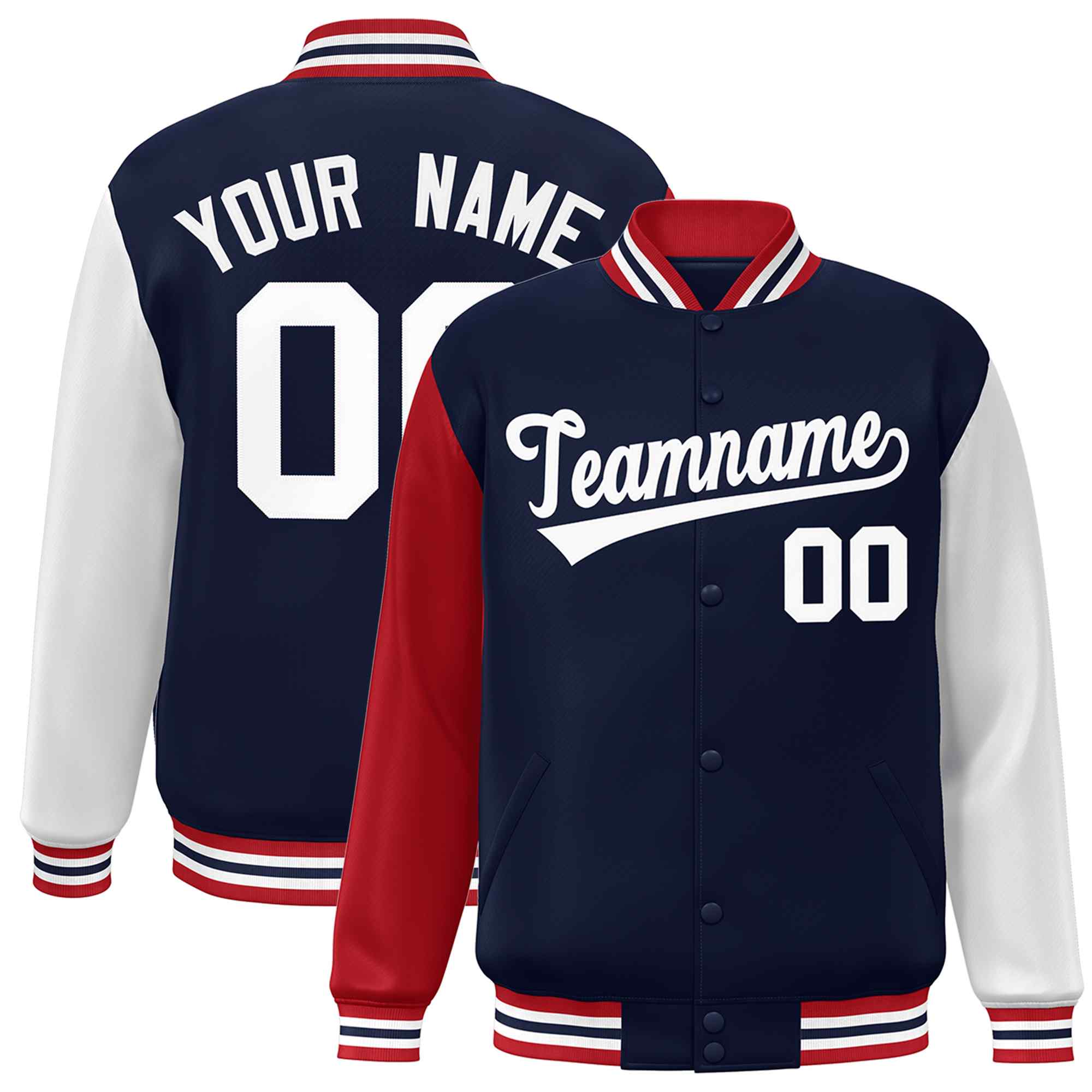 Custom Navy White Raglan Sleeves Varsity Full-Snap Letterman Jacket