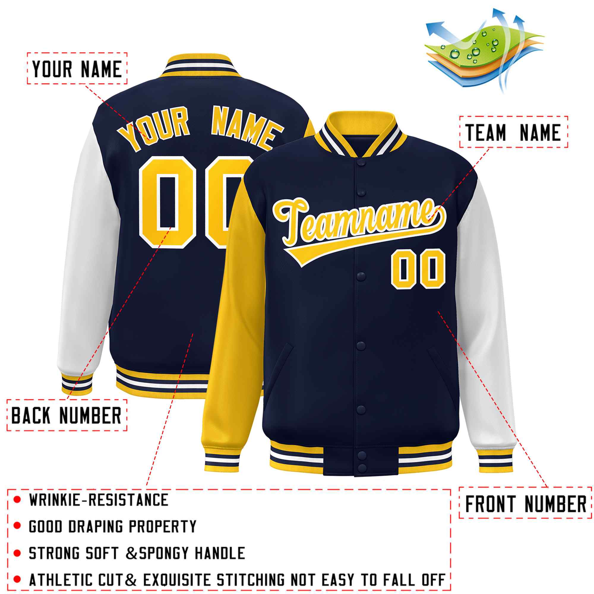 Custom Navy Gold-White Raglan Sleeves Varsity Full-Snap Letterman Jacket