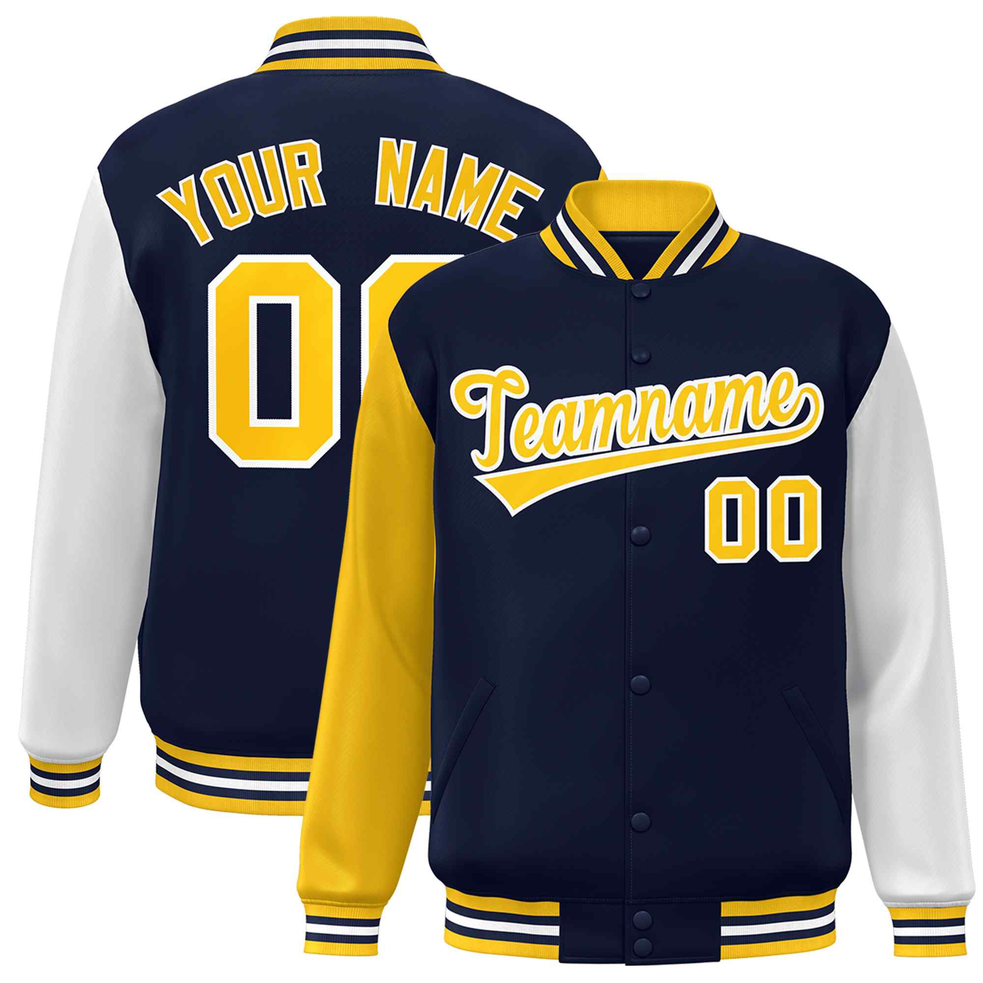 Custom Navy Gold-White Raglan Sleeves Varsity Full-Snap Letterman Jacket