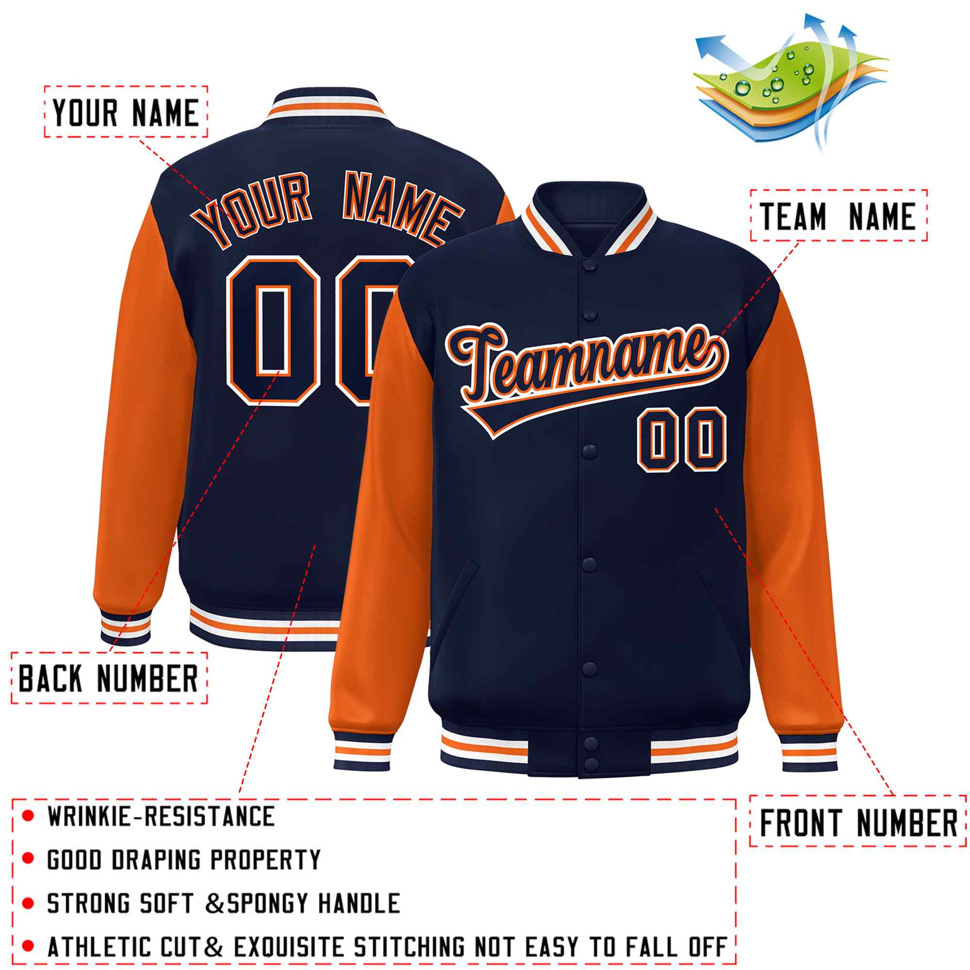 Custom Navy Orange Raglan Sleeves Varsity Full-Snap Letterman Jacket