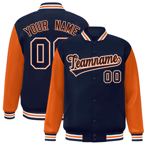 Custom Navy Orange Raglan Sleeves Varsity Full-Snap Letterman Jacket