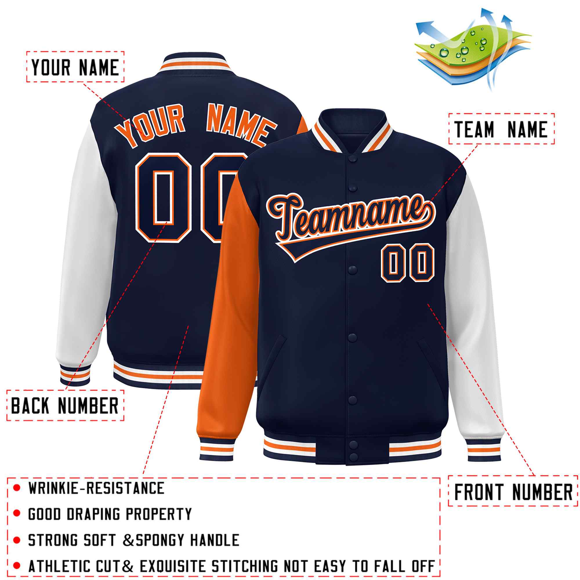 Custom Navy Navy-Orange Raglan Sleeves Varsity Full-Snap Letterman Jacket