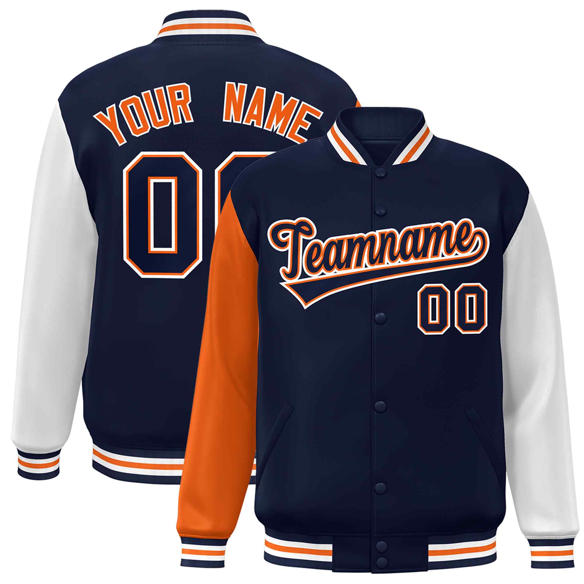 Custom Navy Navy-Orange Raglan Sleeves Varsity Full-Snap Letterman Jacket