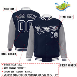 Veste Letterman Varsity Full-Snap à manches raglan bleu marine-blanc personnalisée