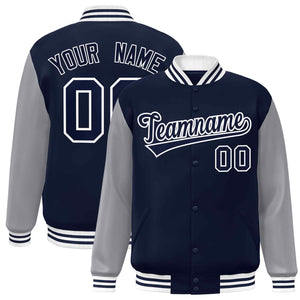 Veste Letterman Varsity Full-Snap à manches raglan bleu marine-blanc personnalisée