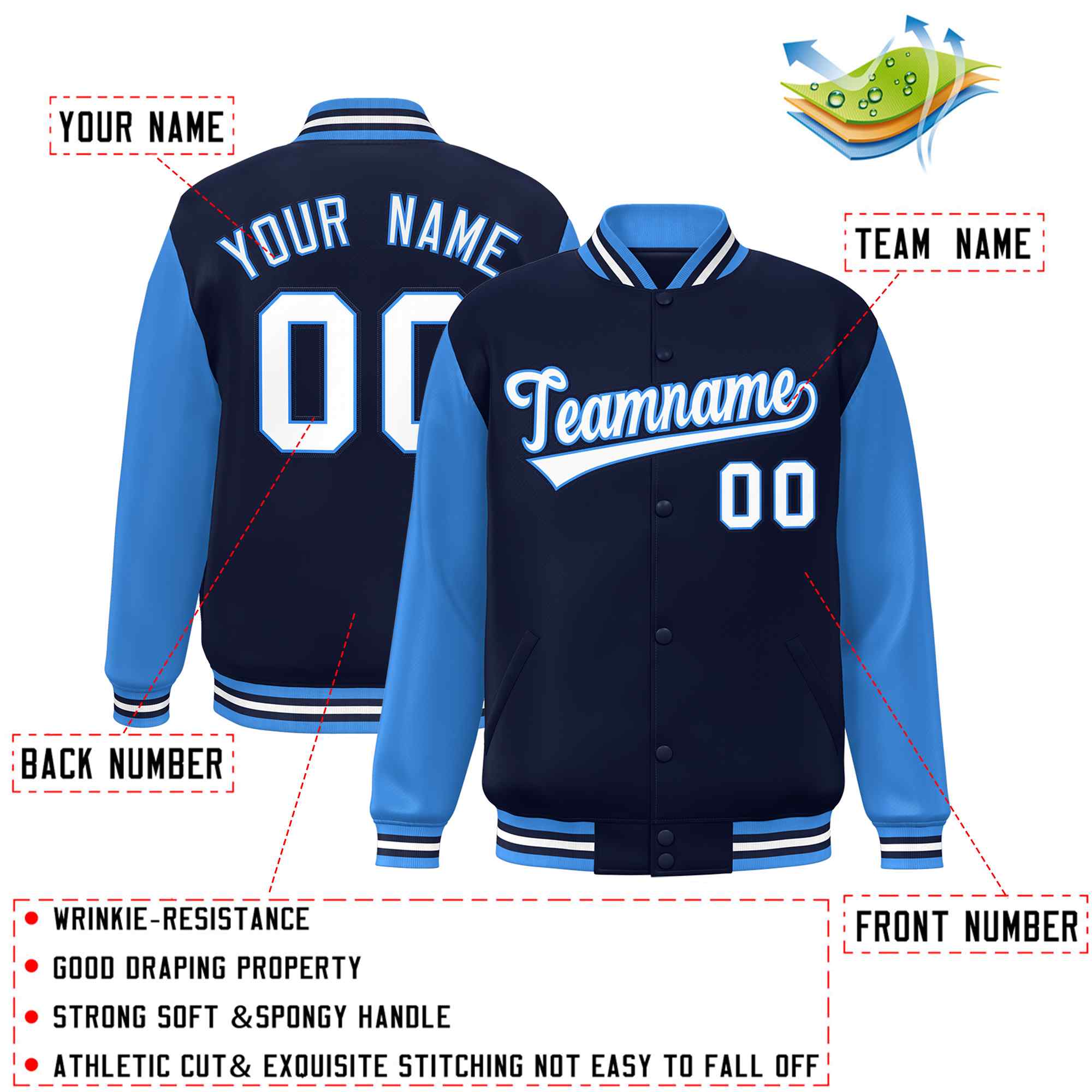 Custom Navy White-Powder Blue Raglan Sleeves Varsity Full-Snap Letterman Jacket