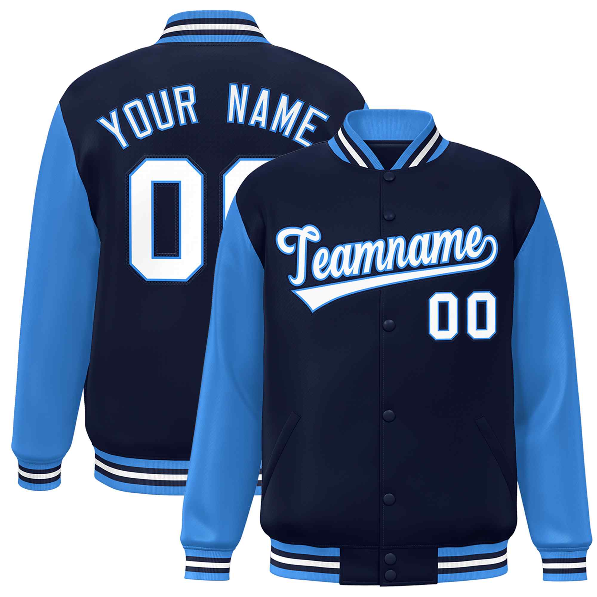 Custom Navy White-Powder Blue Raglan Sleeves Varsity Full-Snap Letterman Jacket