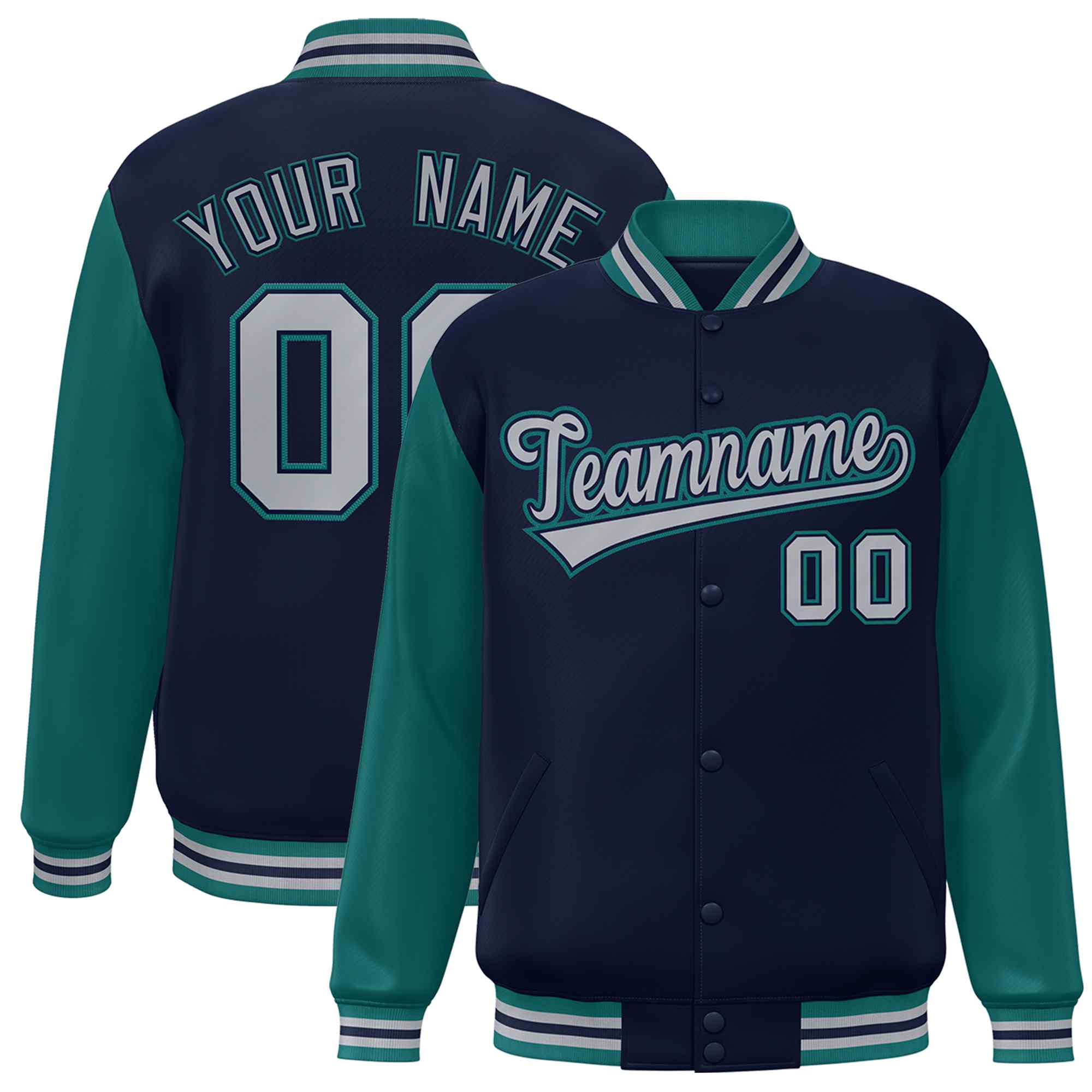 Custom Navy Gray-Navy Raglan Sleeves Varsity Full-Snap Letterman Jacket