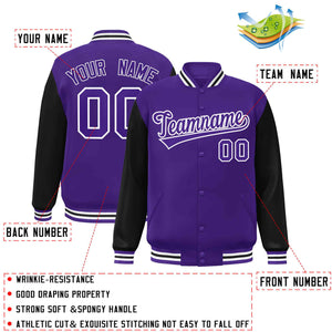 Veste Letterman Varsity Full-Snap à manches raglan violet-blanc personnalisée