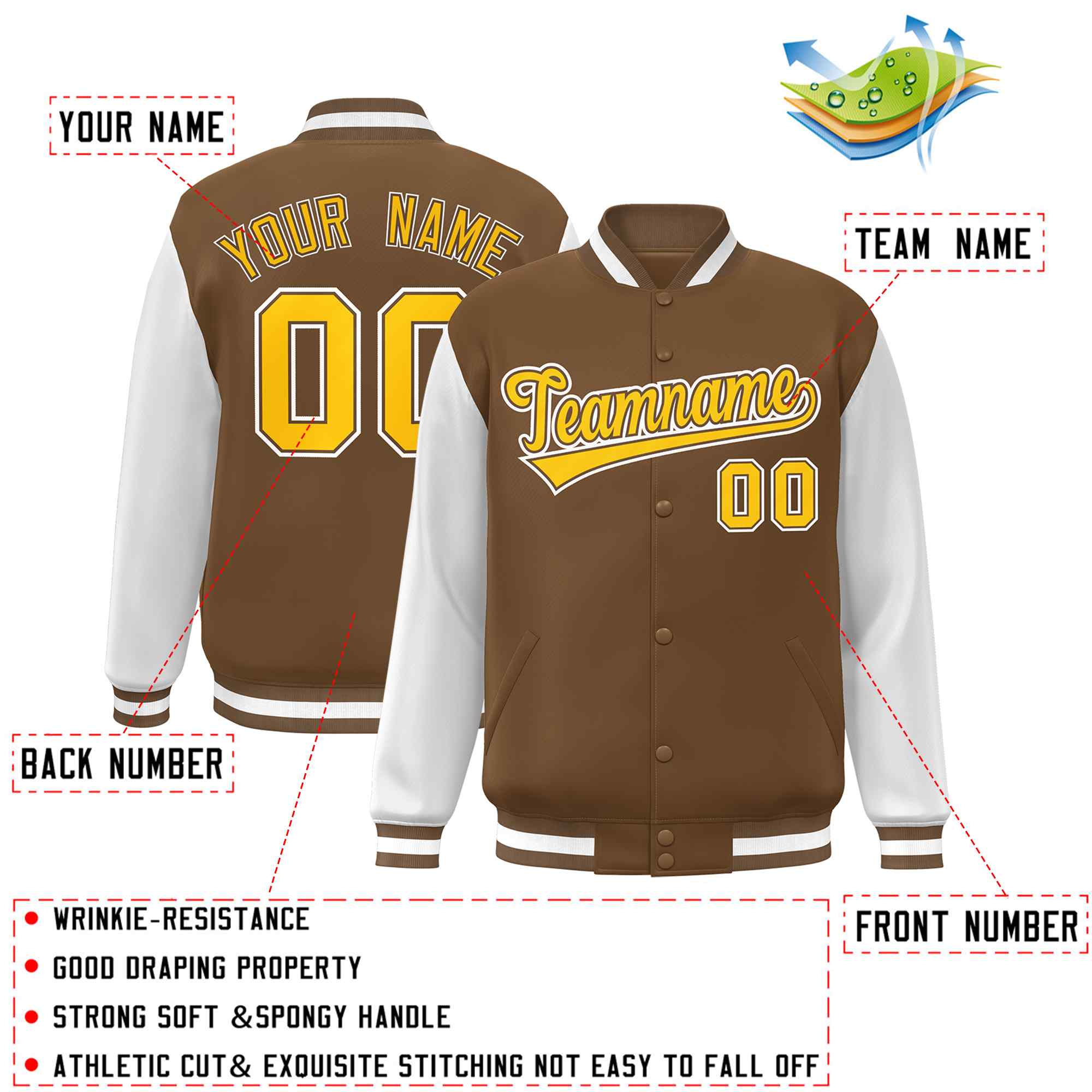 Custom Light Brown Gold-White Raglan Sleeves Varsity Full-Snap Letterman Jacket