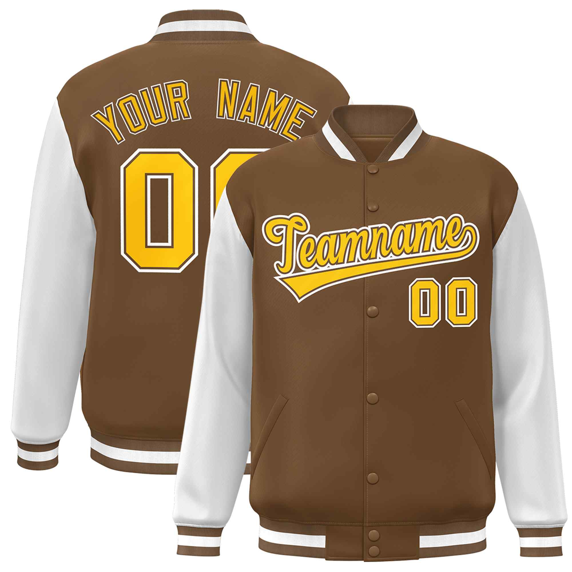 Custom Light Brown Gold-White Raglan Sleeves Varsity Full-Snap Letterman Jacket