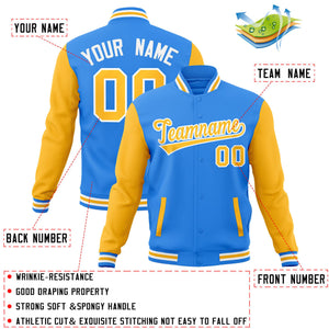 Custom Powder Blue Yellow-White Raglan Sleeves Varsity Full-Snap Letterman Jacket