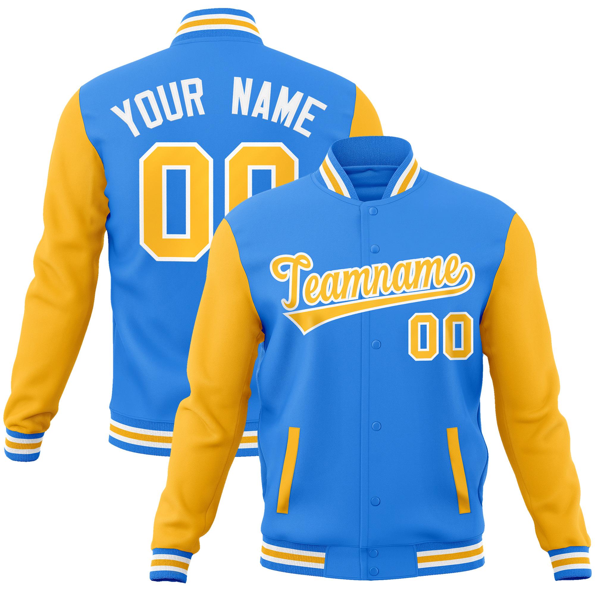 Custom Powder Blue Yellow-White Raglan Sleeves Varsity Full-Snap Letterman Jacket