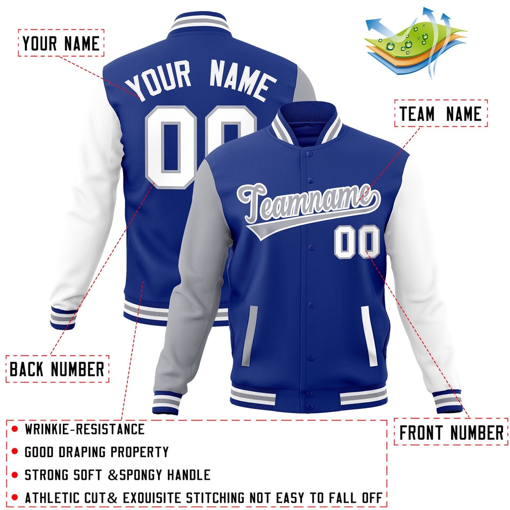 Veste Letterman Varsity Full-Snap Custom Royal Gris-Blanc à manches raglan