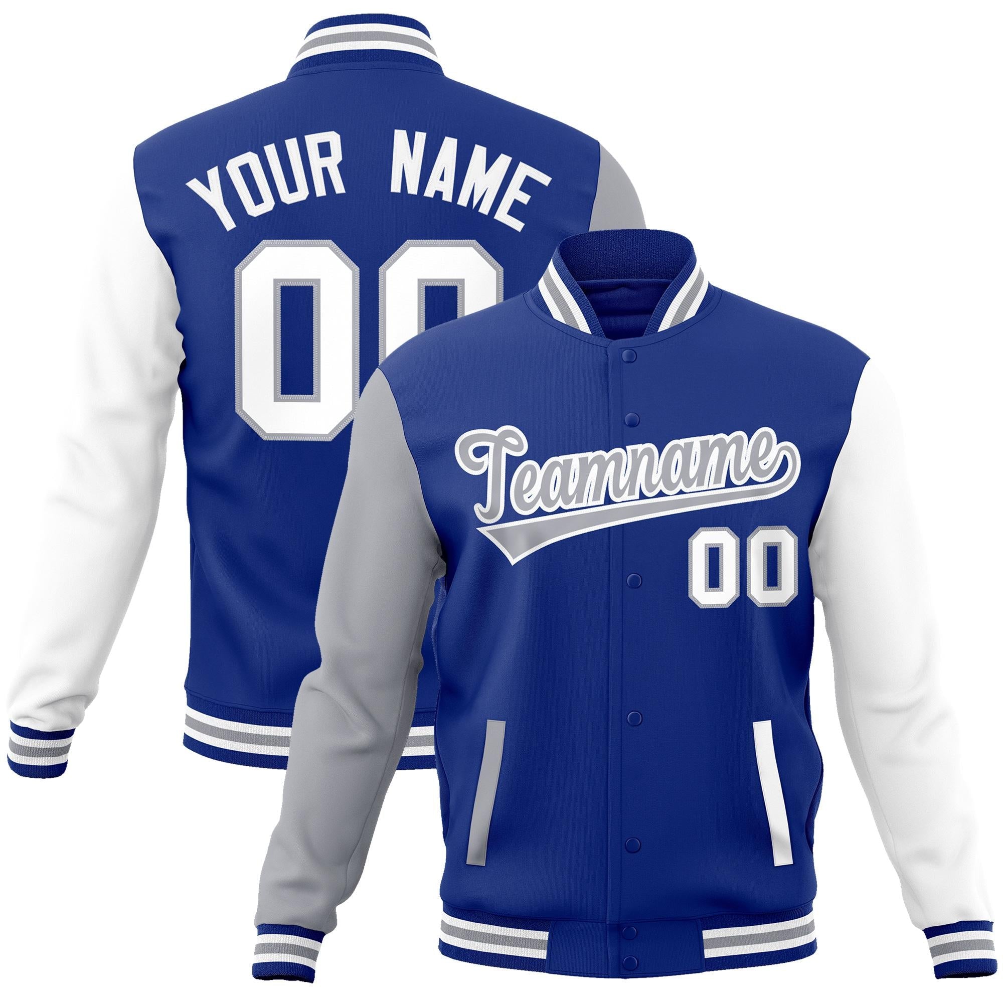 Custom Royal Gray-White Raglan Sleeves Varsity Full-Snap Letterman Jacket