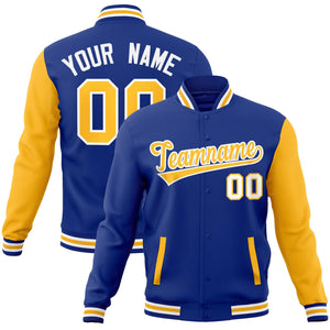 Custom Royal Yellow-White Raglan Sleeves Varsity Full-Snap Letterman Jacket