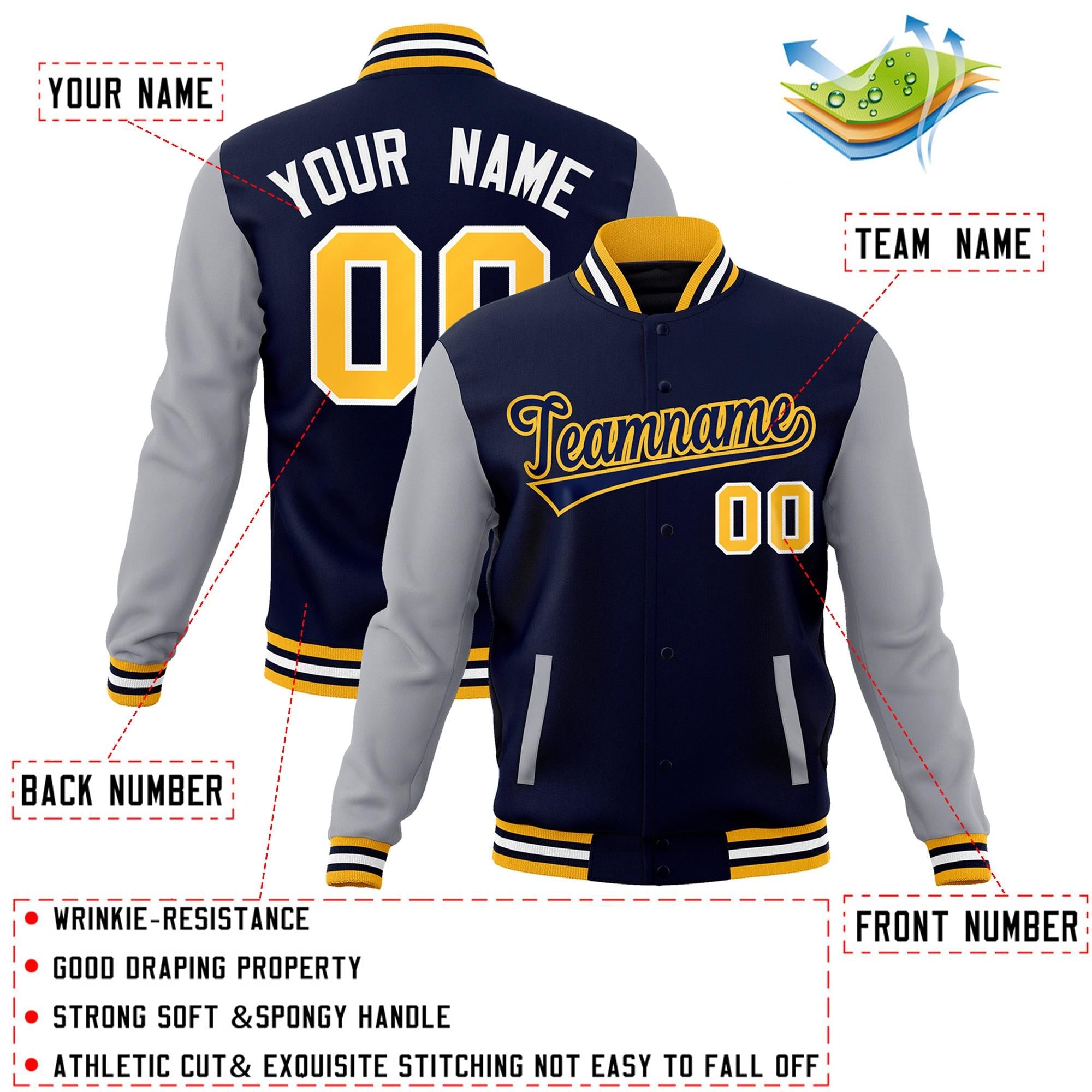 Custom Navy Navy-Yellow Raglan Sleeves Varsity Full-Snap Letterman Jacket