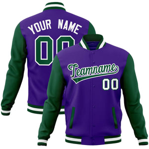 Custom Purple Green-White Raglan Sleeves Varsity Full-Snap Letterman Jacket