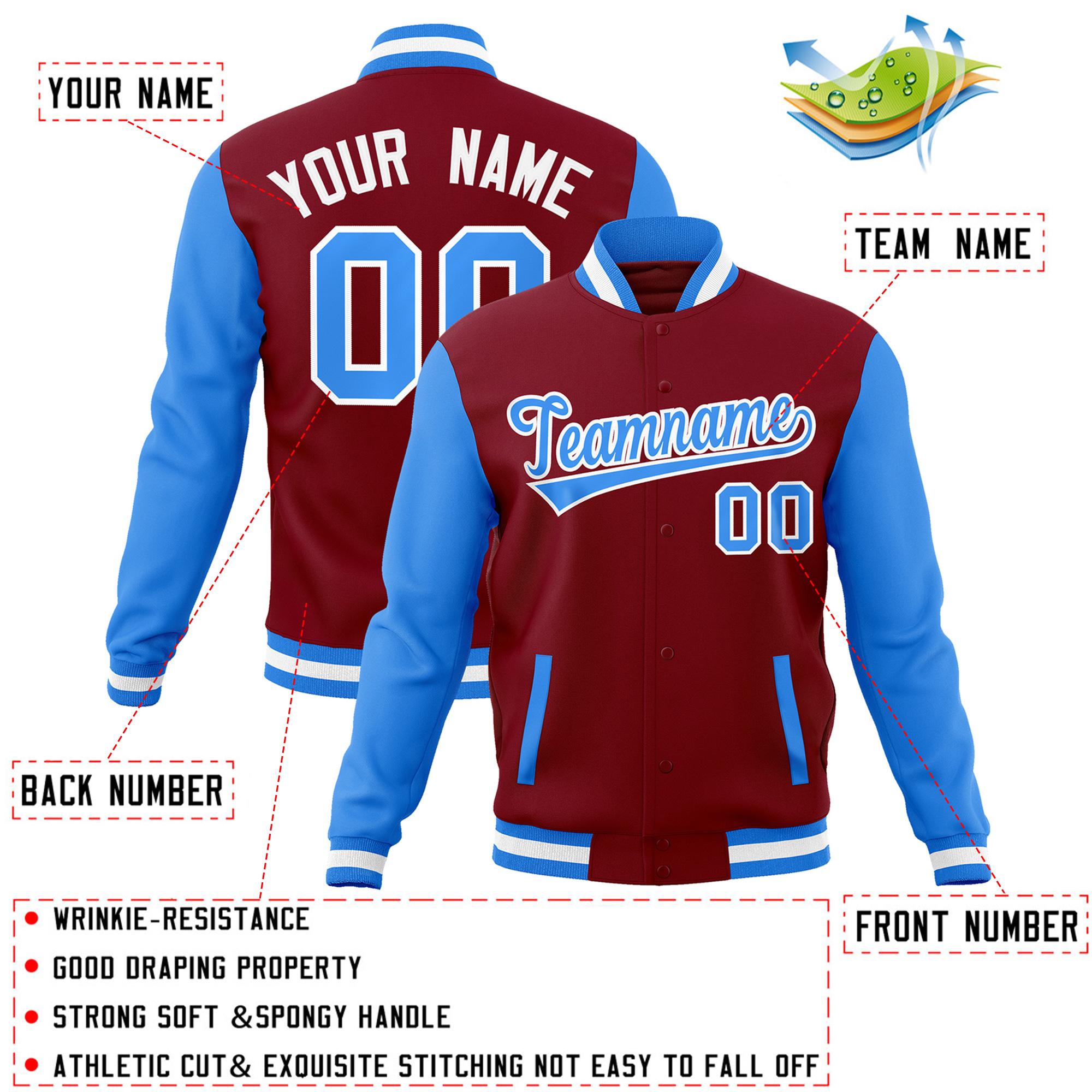 Custom Crimson Powder Blue-White Raglan Sleeves Varsity Full-Snap Letterman Jacket