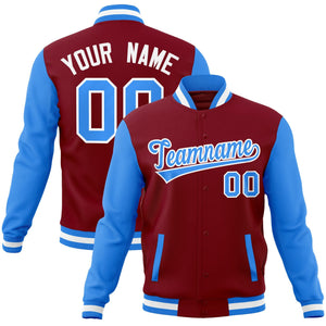 Custom Crimson Powder Blue-White Raglan Sleeves Varsity Full-Snap Letterman Jacket