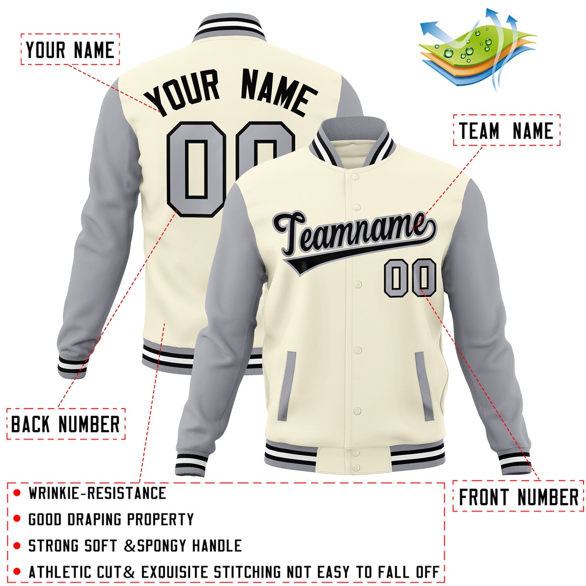 Veste Letterman Varsity Full-Snap à manches raglan kaki noir-gris personnalisée