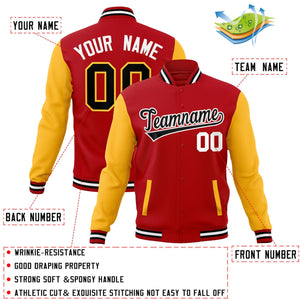 Veste Letterman Varsity Full-Snap à manches raglan rouge noir-blanc personnalisée