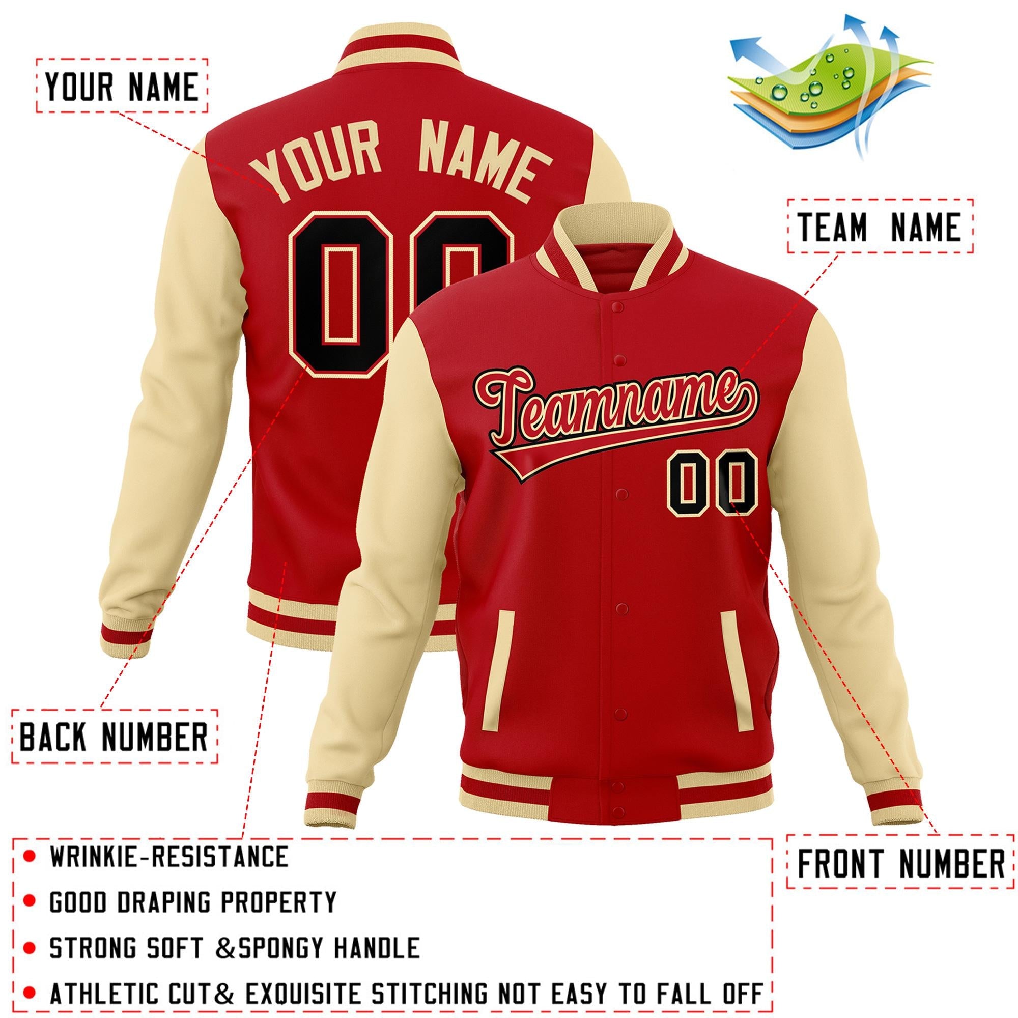 Veste Letterman Varsity Full-Snap à manches raglan rouge-kaki personnalisée