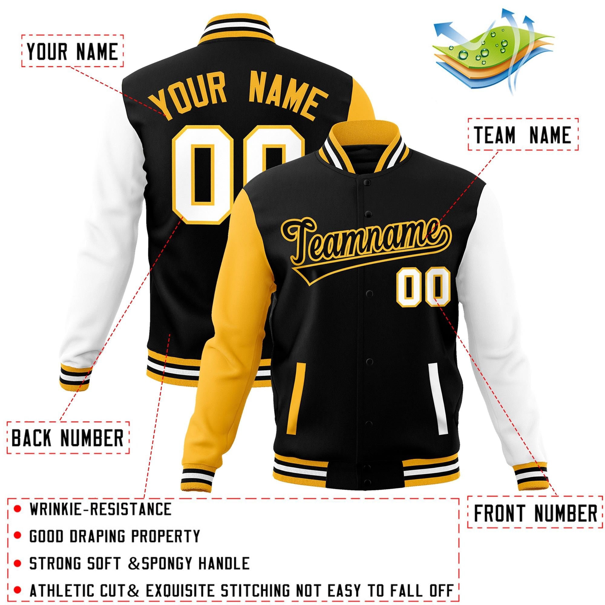 Custom Black Black-Yellow Raglan Sleeves Varsity Full-Snap Letterman Jacket