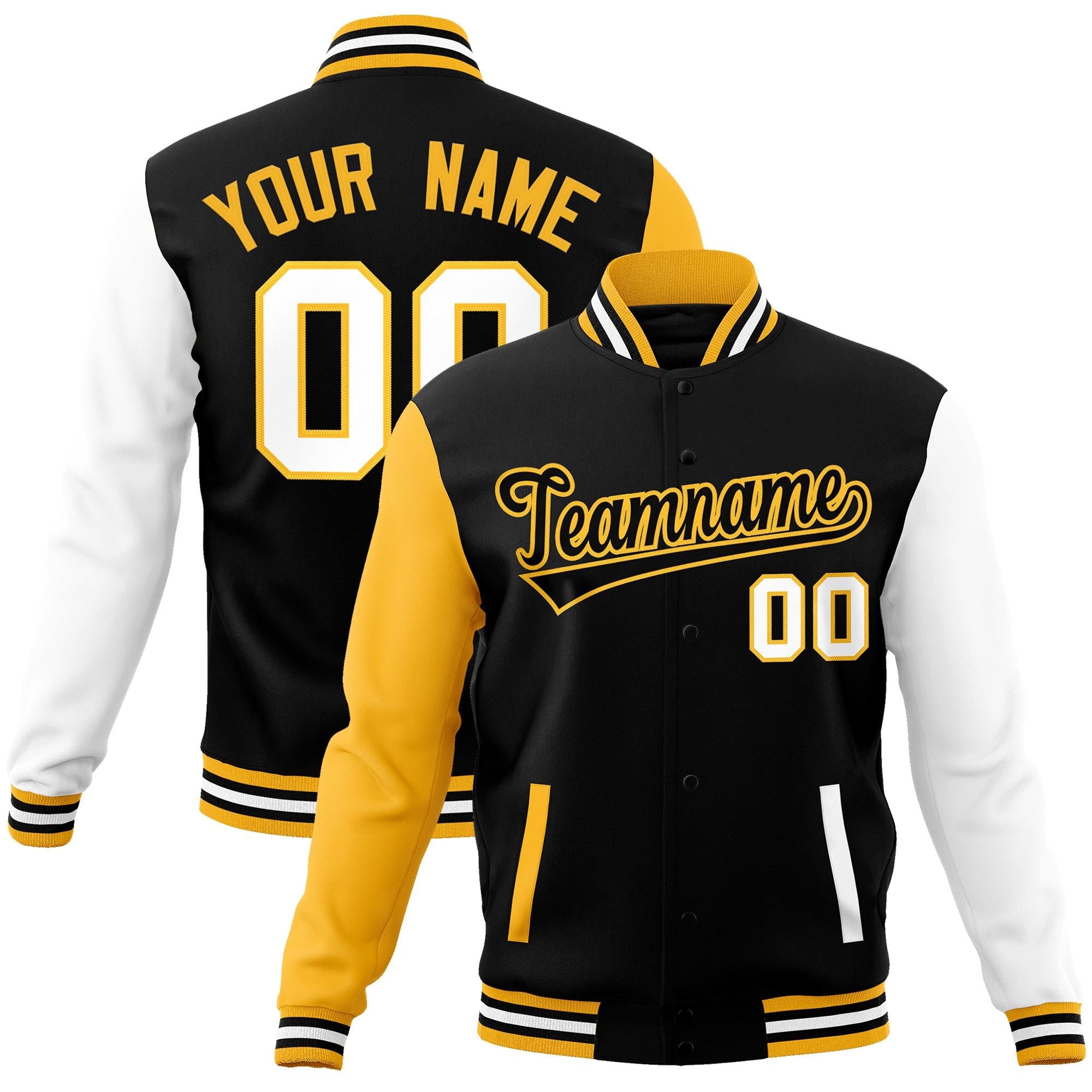 Custom Black Black-Yellow Raglan Sleeves Varsity Full-Snap Letterman Jacket