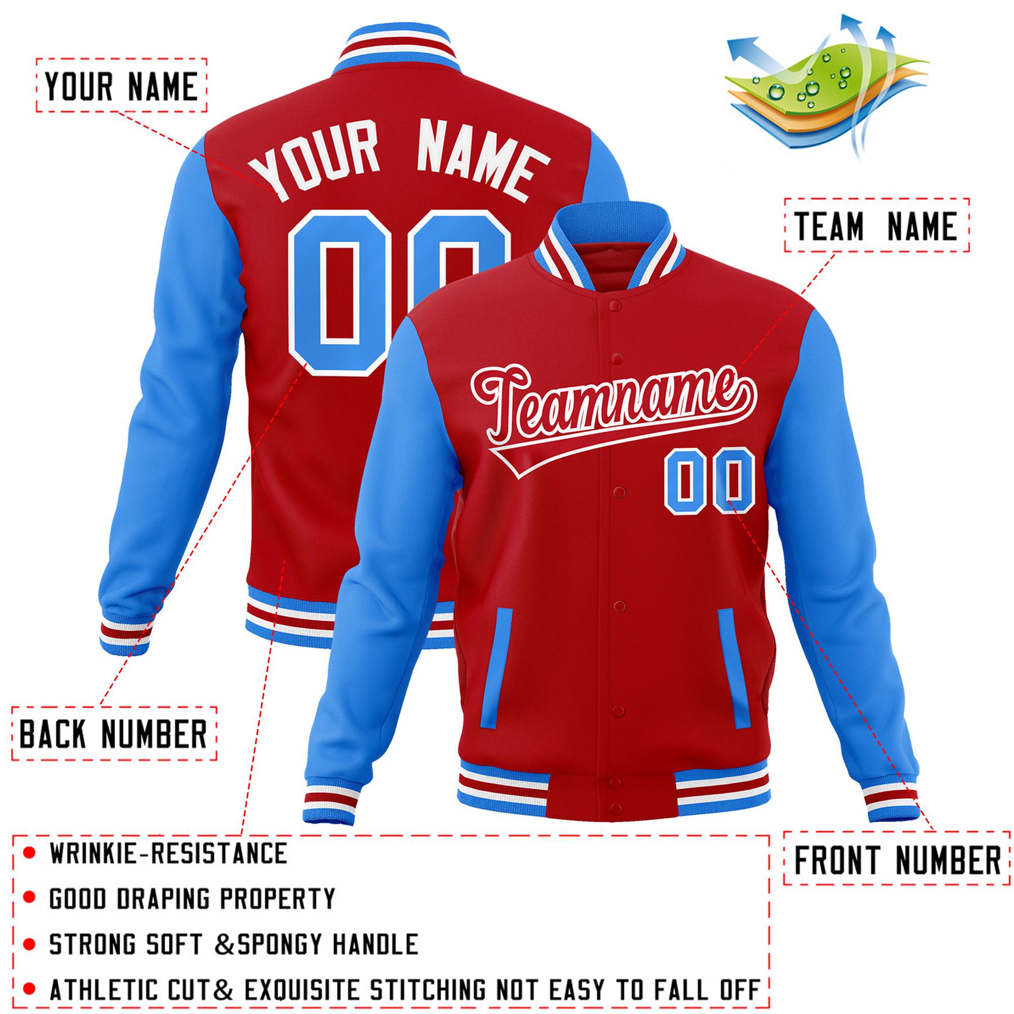 Veste Letterman Varsity Full-Snap à manches raglan rouge-blanc personnalisée