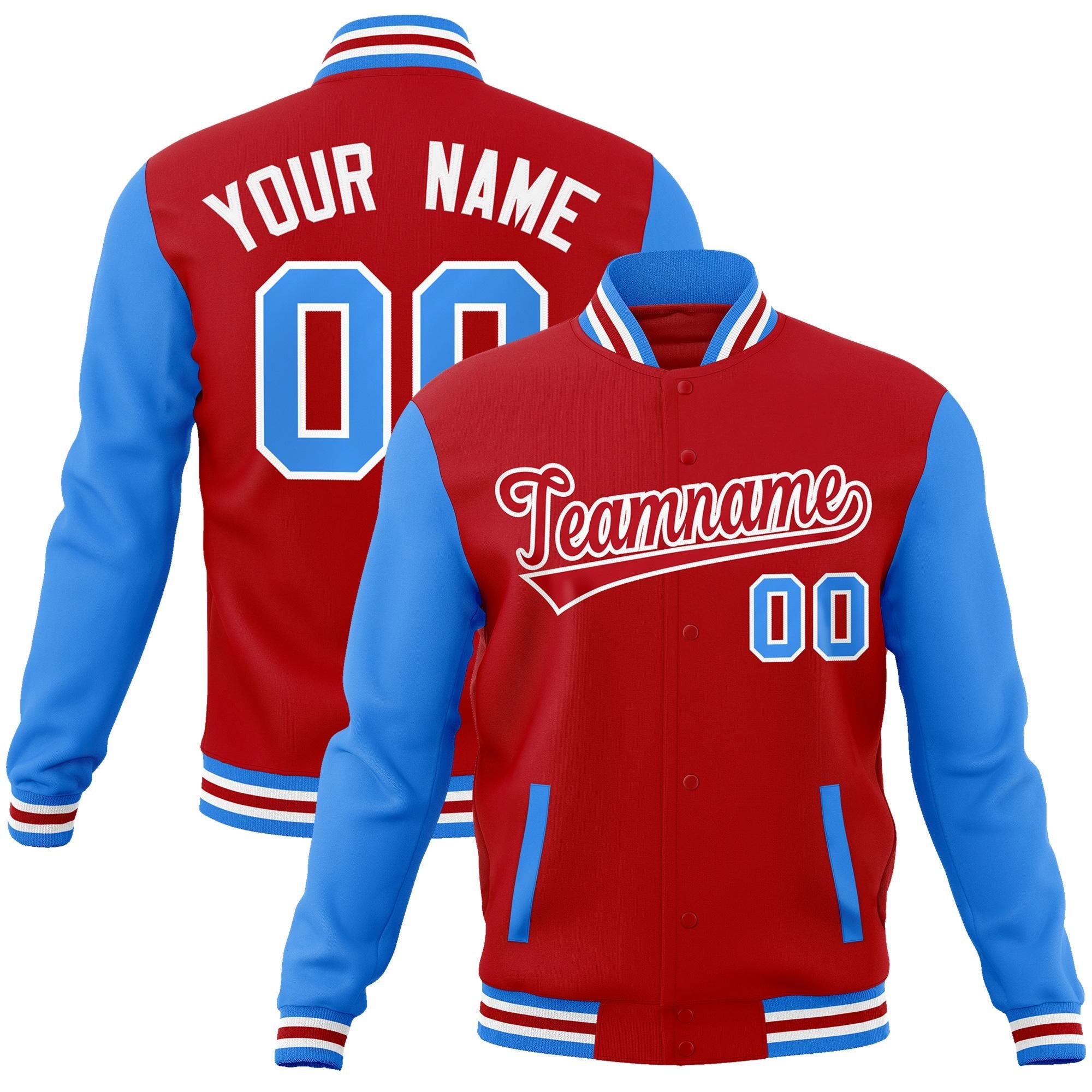 Custom Red Red-White Raglan Sleeves Varsity Full-Snap Letterman Jacket