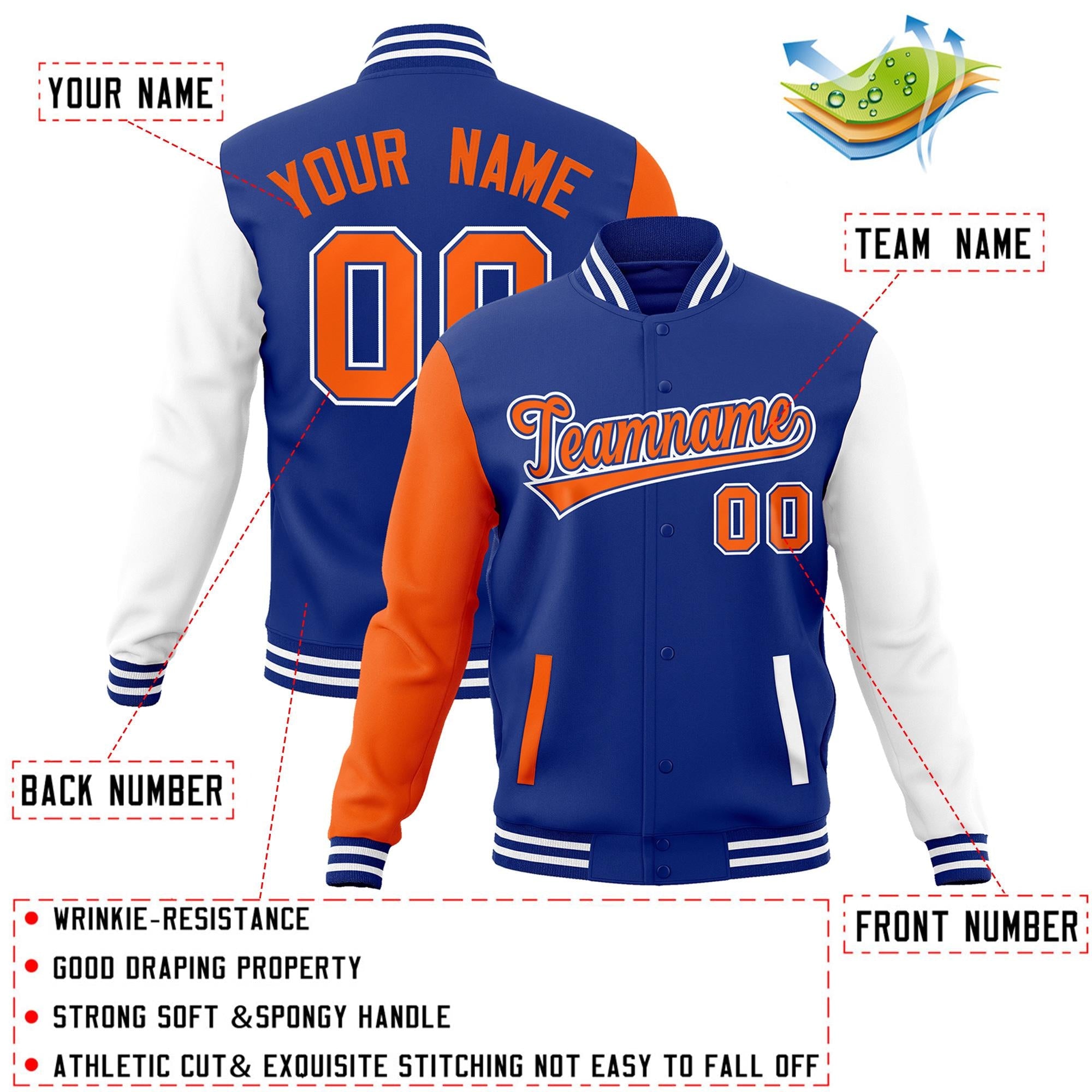 Veste Letterman Varsity Full-Snap Custom Royal Orange-Royal Raglan Sleeves