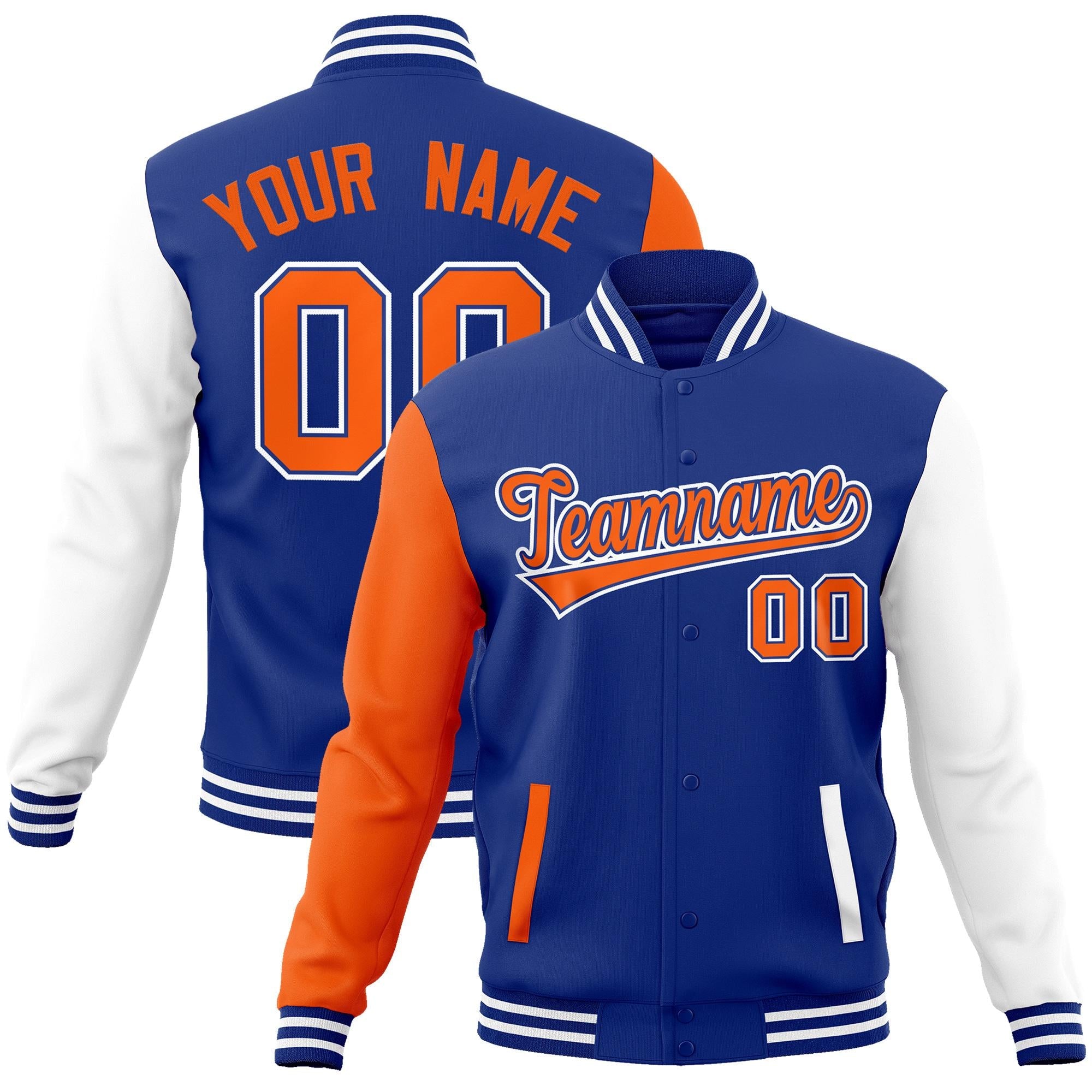 Custom Royal Orange-Royal Raglan Sleeves Varsity Full-Snap Letterman Jacket