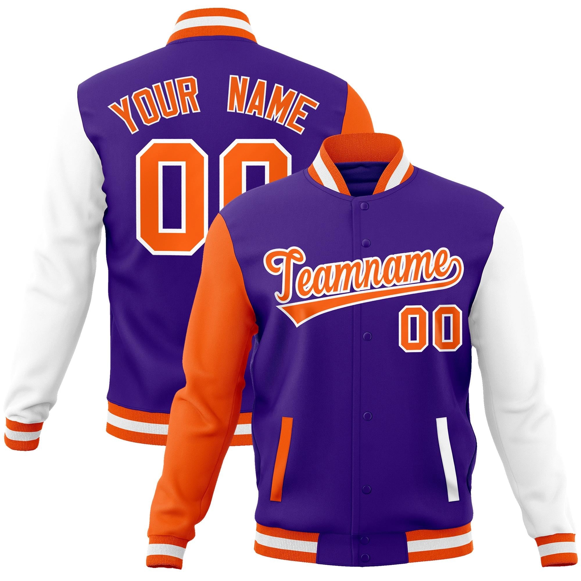 Custom Purple Orange-White Raglan Sleeves Varsity Full-Snap Letterman Jacket