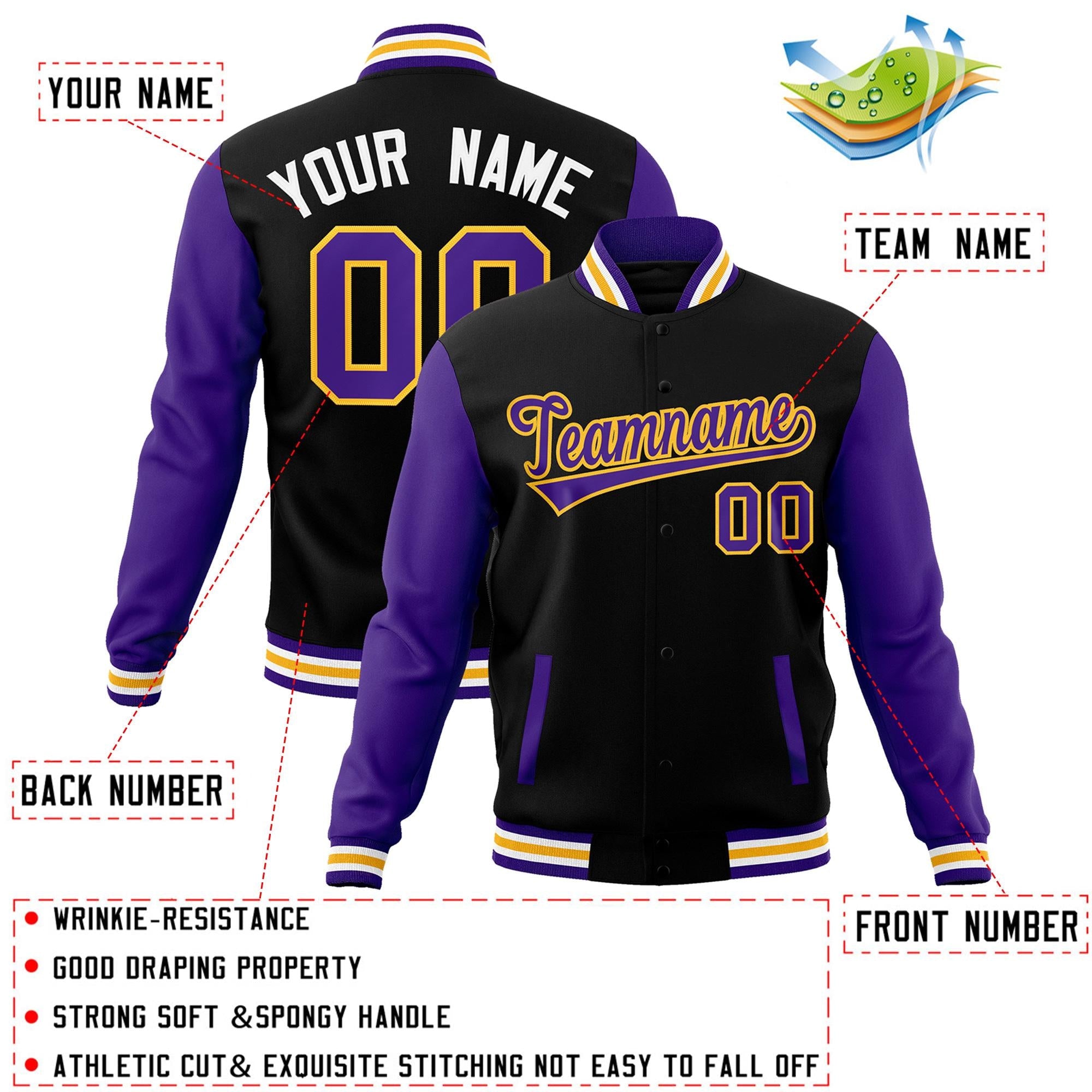 Veste Letterman Varsity Full-Snap personnalisée à manches raglan noir violet-jaune