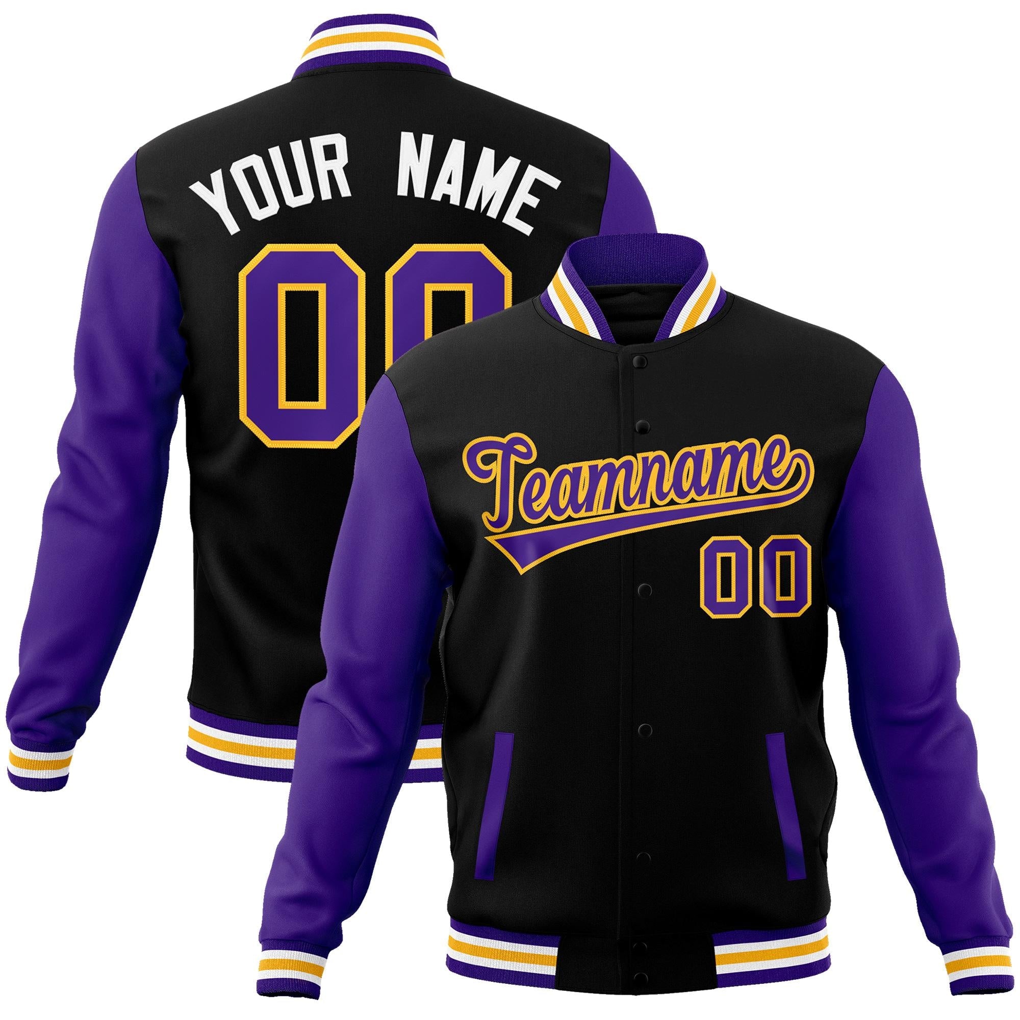 Custom Black Purple-Yellow Raglan Sleeves Varsity Full-Snap Letterman Jacket