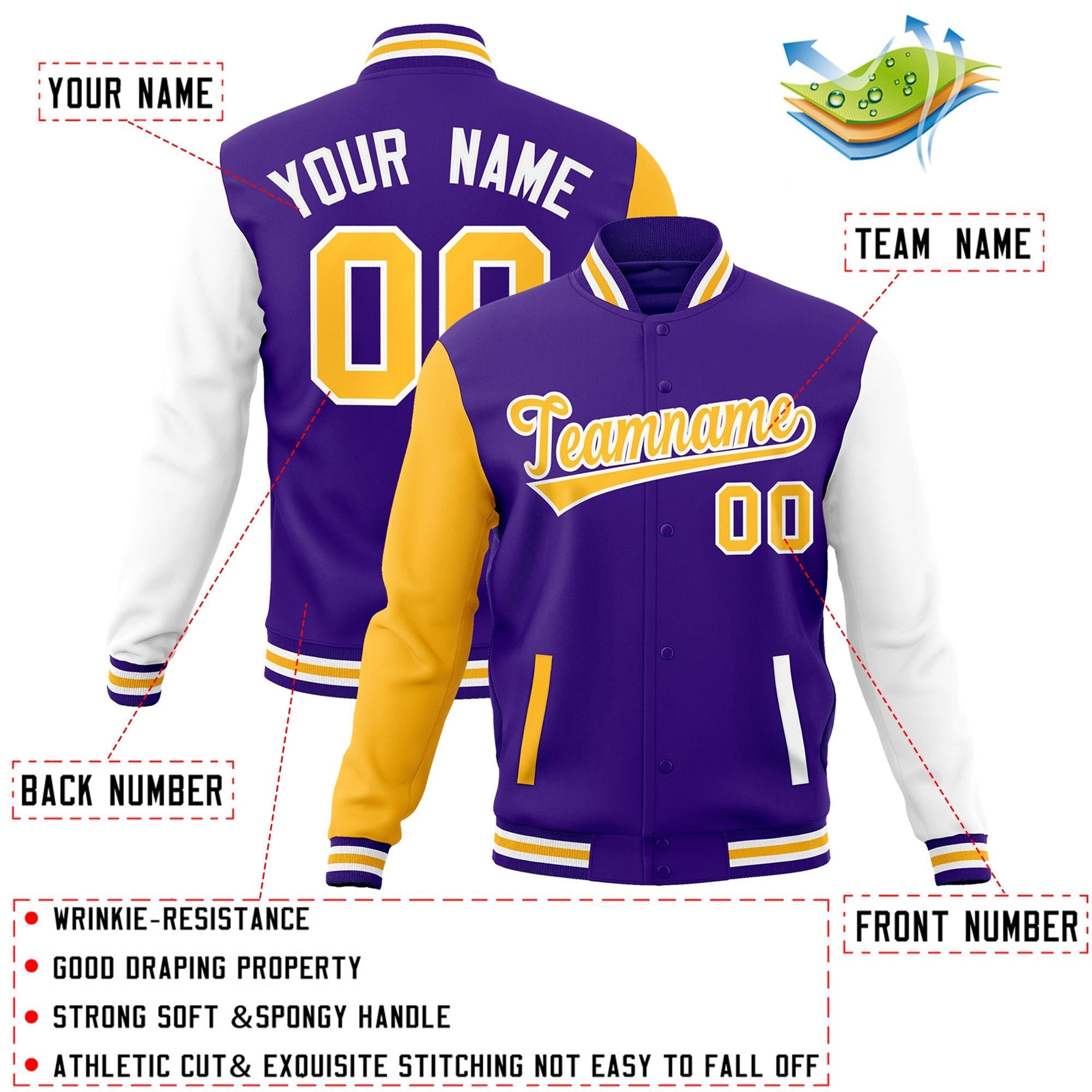 Veste Letterman Varsity Full-Snap à manches raglan personnalisées violet jaune-blanc