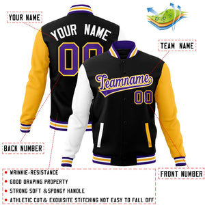 Custom Black Purple-White Raglan Sleeves Varsity Full-Snap Letterman Jacket