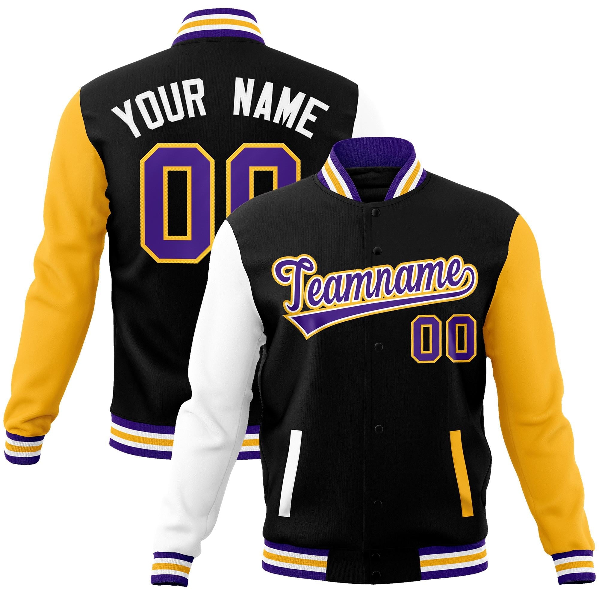 Custom Black Purple-White Raglan Sleeves Varsity Full-Snap Letterman Jacket