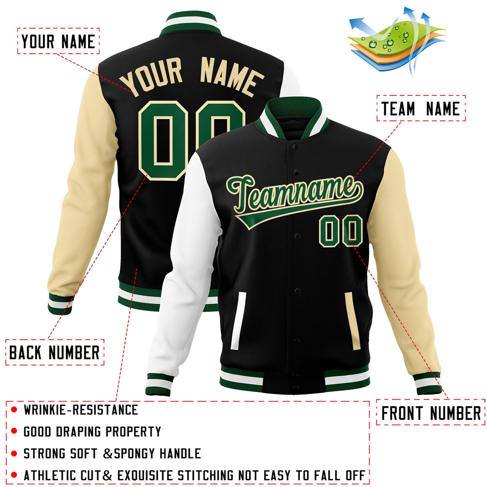 Veste Letterman Varsity Full-Snap personnalisée à manches raglan noir vert-kaki