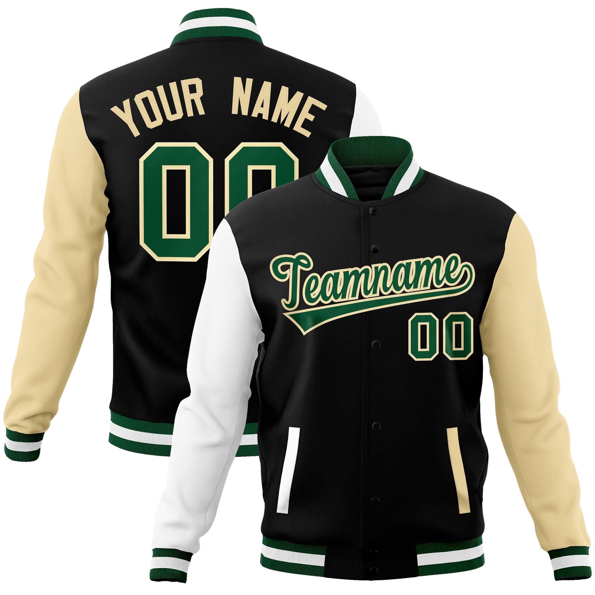 Custom Black Green-Khaki Raglan Sleeves Varsity Full-Snap Letterman Jacket