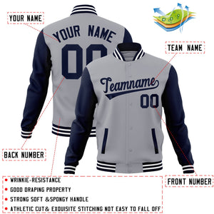 Custom Grey NavyRaglan Sleeves Varsity Full-Snap Letterman Jacket