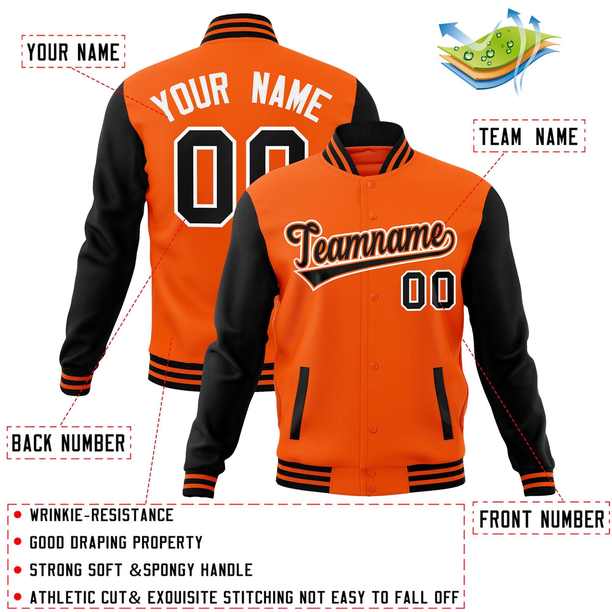 Custom Orange Black-Orange Raglan Sleeves Varsity Full-Snap Letterman Jacket