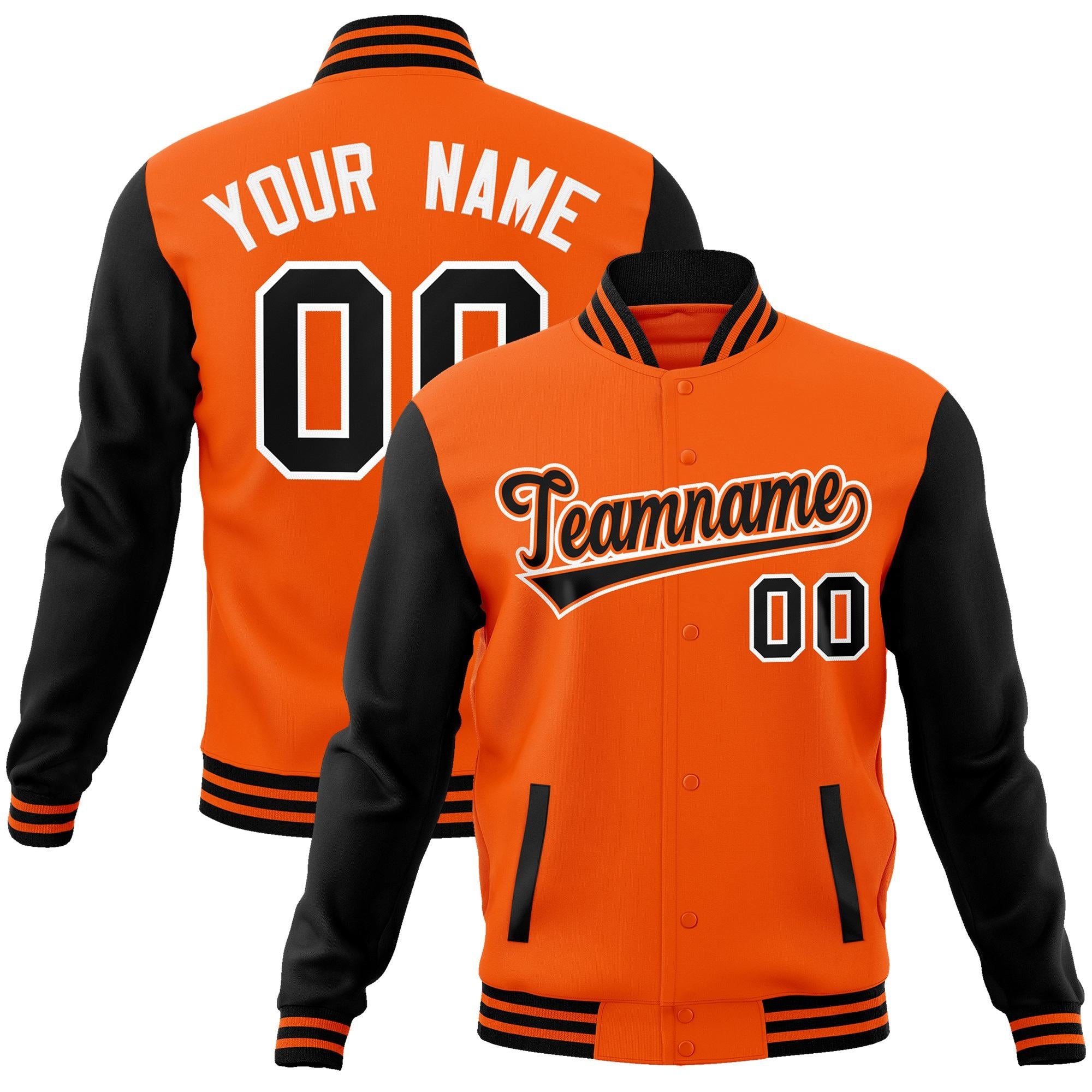 Custom Orange Black-Orange Raglan Sleeves Varsity Full-Snap Letterman Jacket